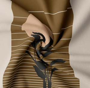 Close-up of geometric plant pattern on soft fabric showing elegant vortex folds and texture