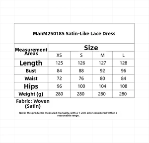 Guide des tailles montrant les mesures du XS au L pour la robe en satin et dentelle