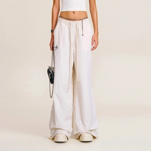 Women Wide Leg Pants Adjustable Drawstring Embroidery Cross Pattern Streetwear Casual High Waist Trousers