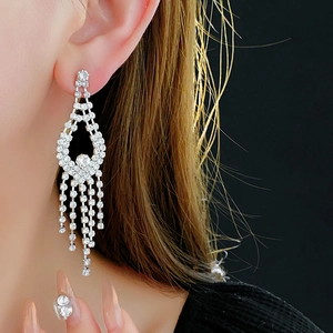 Close-up of silver tassel earrings with sparkling rhinestones worn by a professional model