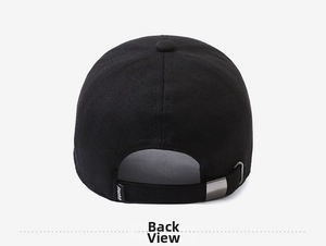 Detailed back view of a premium black men's baseball cap showing the adjustable metal strap buckle