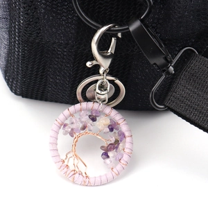 Handmade Tree of Life keychain with purple amethyst crystals and woven cord detail
