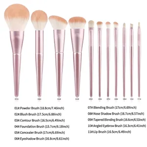 11-teiliges lila Make-up-Pinsel-Set für Puder und Lidschatten mit Größenangaben