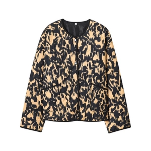 Quilted leopard print jacket with snap buttons and front pockets on white background