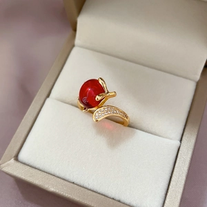 Adjustable gold plated copper red fox ring with zircon in a premium jewelry box