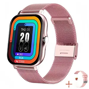 Detail view of rose gold smartwatch with Milanese strap and extra pink silicone band
