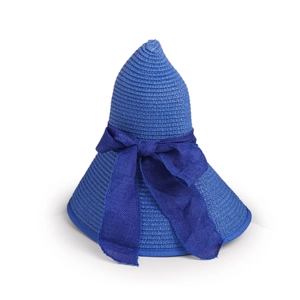 Detail of high-density navy blue woven straw sun hat with a matching wide ribbon bow