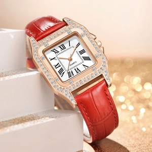 Women's square rose gold watch with rhinestone bezel and red leather strap
