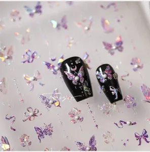 Detailed 5D embossed butterfly nail stickers with laser purple holographic effect