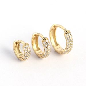 Three-piece set of S925 sterling silver gold-plated hoop earrings with triple-row zircon stones