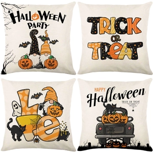 Set of four linen Halloween pillow covers with pumpkin, ghost, and cat holiday patterns