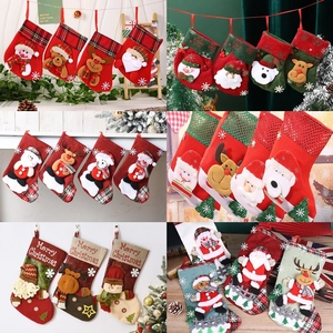 Christmas Stocking Hanging Decoration 3D Santa Snowman Reindeer Bear Felt Knit Linen Plaid Sequin Gift Bag