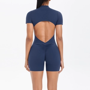 Dark blue backless short sleeve athletic bodysuit with scrunch butt and cutout detail
