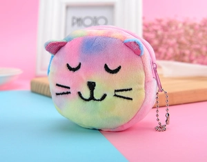 Close-up of rainbow plush coin purse featuring embroidered cat face and silver chain