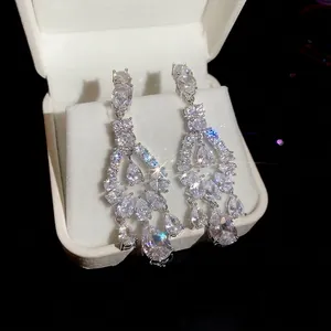 Silver needle drop earrings with sparkling zircon teardrop pendants in luxury gift box
