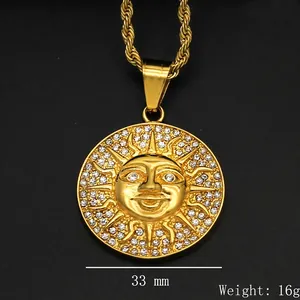 Hip Hop gold plated stainless steel sun face pendant necklace with white rhinestones