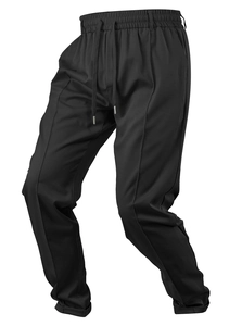 Men's casual black sports trousers with elastic drawstring waist and pleated leg detail