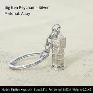 Detailed view of Big Ben alloy keychain in silver finish with dimensions on linen background