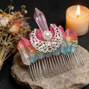 Detailed view of handmade moon hair comb with pink and blue gradient crystal points