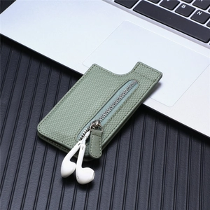 Detailed texture of green woven pattern phone card holder with silver metal zipper pocket
