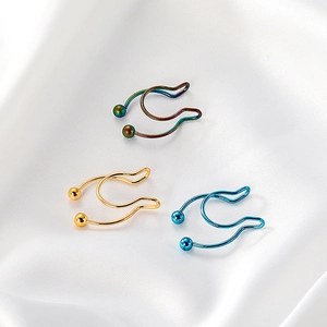 Rainbow, gold, and blue U-shaped non-piercing stainless steel nose clips on silk