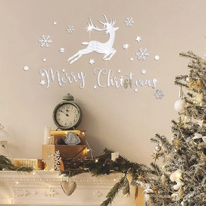 Silver mirror acrylic reindeer and Merry Christmas wall decal in a cozy room setting