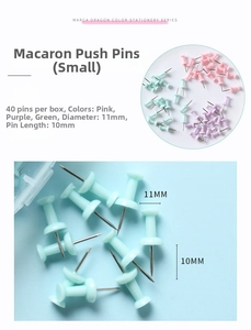 Détail macro de punaises en plastique couleur macaron avec dimensions de 11 mm