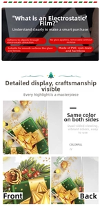 Detailed macro view of PVC static Christmas window stickers with dual-sided gold gift patterns
