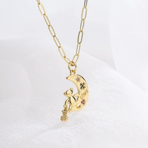 Gold-plated bear and moon necklace with LOVE engraving and colorful zircon stones