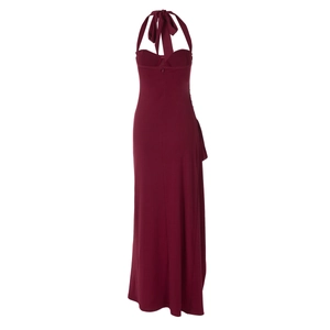Detail view of burgundy halter neck maxi dress featuring backless design and high slit