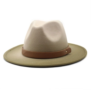 Gradient felt fedora hat in beige and olive green with a brown leather decorative band