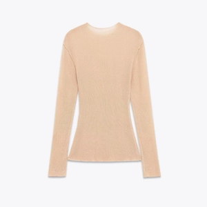 Slim fit light beige knit sweater with long sleeves and elegant mock neck design