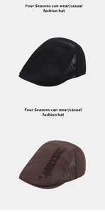 Detail of breathable mesh fabric and letter embroidery on vintage beret caps
