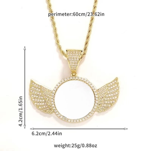 Detailed size chart of gold angel wing pendant necklace with diamond accents and dimensions