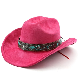 Détail du chapeau de cow-boy rose en daim avec boucle papillon vintage et broderies