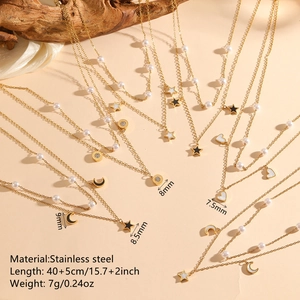 Golden stainless steel layered necklace with star moon heart charms and pearls