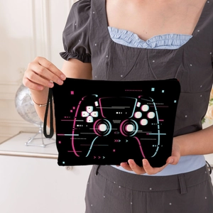 Game Controller Neon Print Makeup Bag Fine Linen Fabric Zipper Cosmetic Pouch Travel Storage Organizer For Women