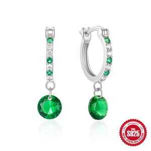 Sparkling S925 sterling silver hoop earrings featuring emerald green gemstones