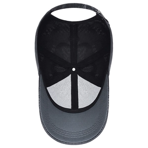 Dark gray camouflage baseball cap with breathable mesh back and structured inner support
