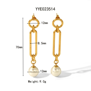 Long pearl earrings in gold stainless steel with detailed measurement and 70mm length