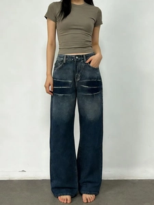 Vintage high waist wide-leg jeans in dark blue wash with retro faded whiskering effect