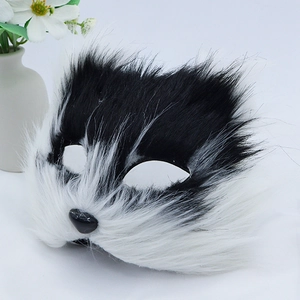 Realistic black and white plush fox animal mask for Halloween cosplay on white background