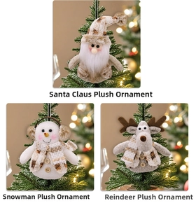 Detail of knitted Santa, Snowman and Reindeer ornaments on a lit Christmas tree