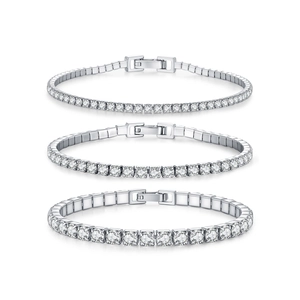 Three rows of S925 sterling silver tennis bracelets with clear round cubic zirconia stones