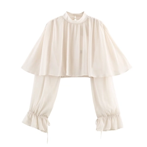 Women Chiffon Blouse Half High Neck Ruffled Cape Layered Lantern Long Sleeve Elegant Solid Color Top