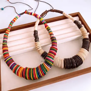 Vintage Ethnic Bohemian Wood Coconut Shell Beaded Pendant Necklace Handmade Long Sweater Chain For Women