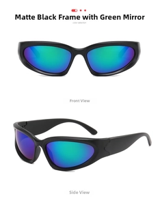 Front and side views of matte black Y2K sunglasses with green mirror lenses
