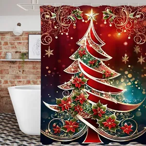 Detail of Christmas tree shower curtain with red poinsettias and gold star in a modern bathroom