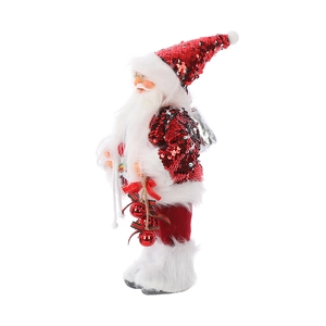 Close-up of a 30cm Santa Claus doll with sequined fabric and bell accessories for Christmas