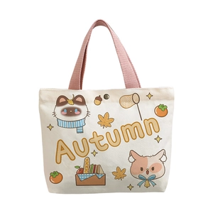 Minimalist canvas handbag with pink handles and Autumn cat illustration on white background